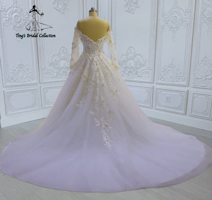 TBC-CM45 Made to order lace embroidered off the shoulder long sleeve Aline wedding dress