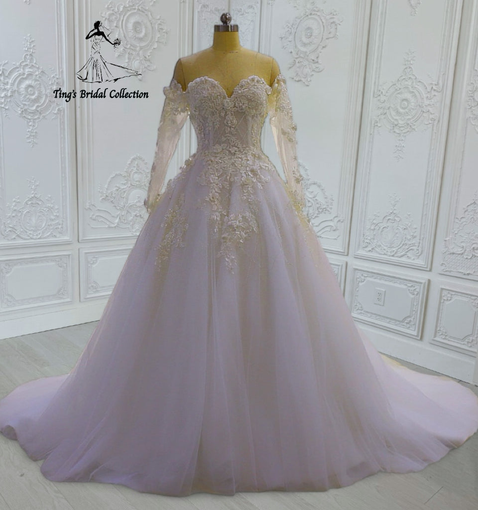 TBC-CM45 Made to order lace embroidered off the shoulder long sleeve Aline wedding dress