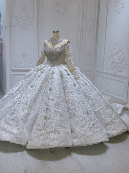 Stock Clearance! Bridal Size 12! Luxury crystal beaded with lace embroidered sparkling long sleeve high neck royal wedding dress
