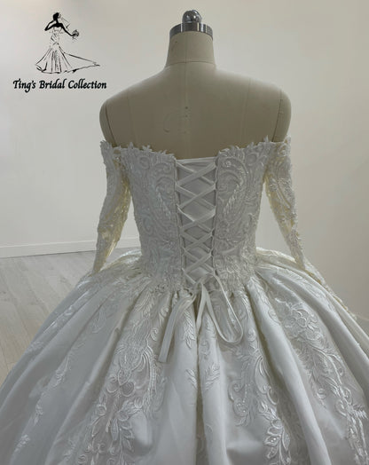 TBC-CM31 Made to order white beading lace off the shoulder long sleeve white satin princess ballgown royal wedding dress with detachable train