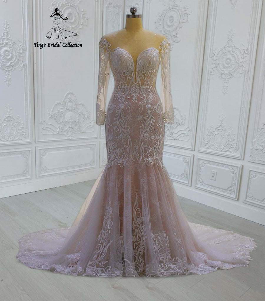 TBC-CM41 Custom-made long sleeve lace embroidered 2 in 1 look mermaid wedding dress with detachable skirt