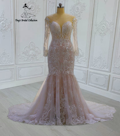 TBC-CM41 Custom-made long sleeve lace embroidered 2 in 1 look mermaid wedding dress with detachable skirt