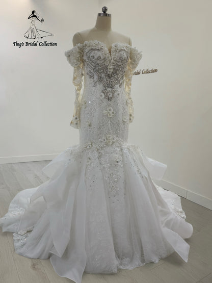 TBC-CM28 Made to order crystal beading with3D floral 2 in 1 style mermaid wedding dress with detachable ruffled skirt