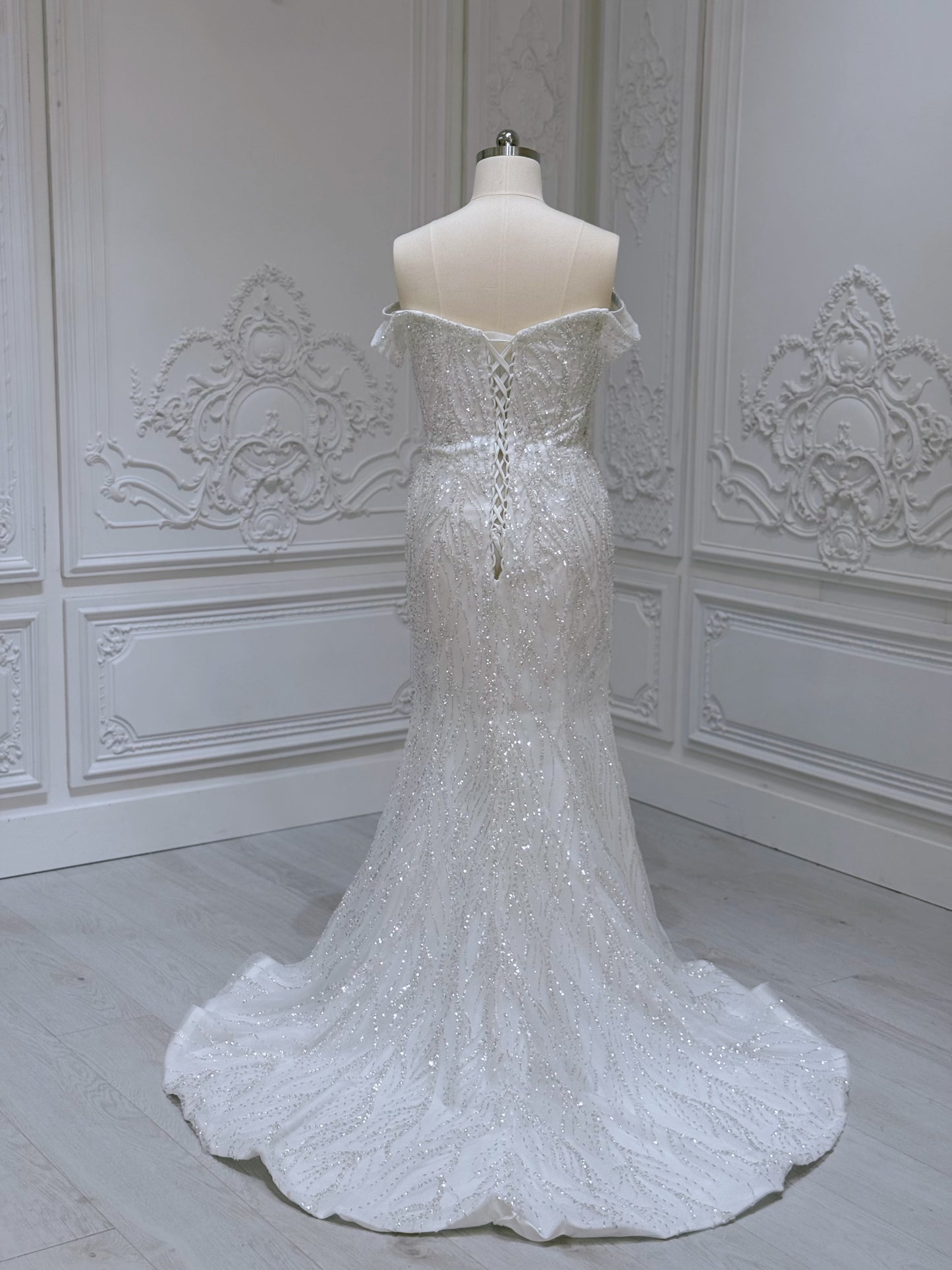 TBC-2IN1-006 Sale White beading lace off the shoulder 2 in 1 style mermaid with detachable skirt