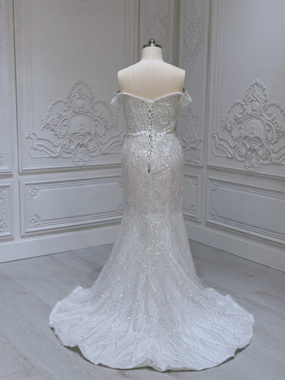 TBC-2IN1-006 Sale White beading lace off the shoulder 2 in 1 style mermaid with detachable skirt