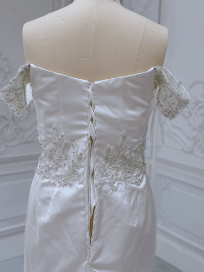 Custom-made off the shoulder pleated white satin with beading lace embroidered 2 in 1 style mermaid wedding dress with detachable skirt - Ting's Bridal Collection