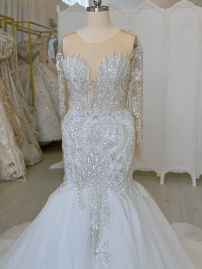 TBC-CM37 Custom-made luxury crystal with beading long sleeve sparkling mermaid wedding dress