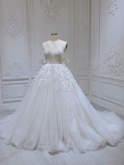 TBC-B002 Stock Clearance! White lace embroidered off the shoulder sparkling ballgown wedding dress