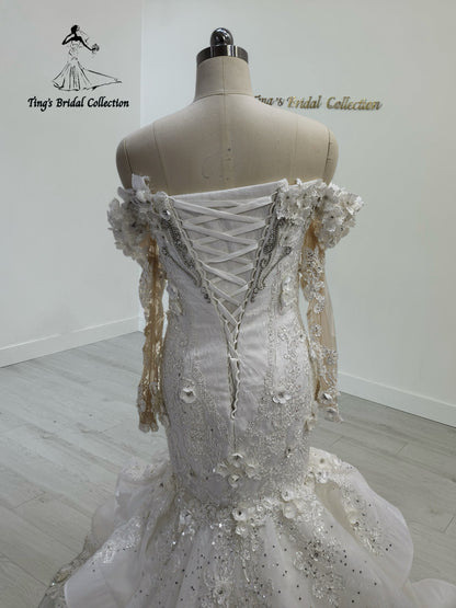 TBC-CM28 Made to order crystal beading with3D floral 2 in 1 style mermaid wedding dress with detachable ruffled skirt