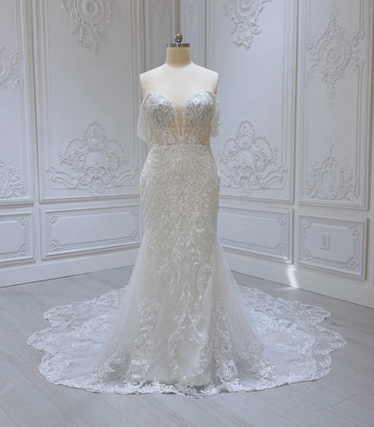 Stock Sale! Size 16! Custom-made lace embroidered off the shoulder trumpet/mermaid wedding dress - Ting's Bridal Collection
