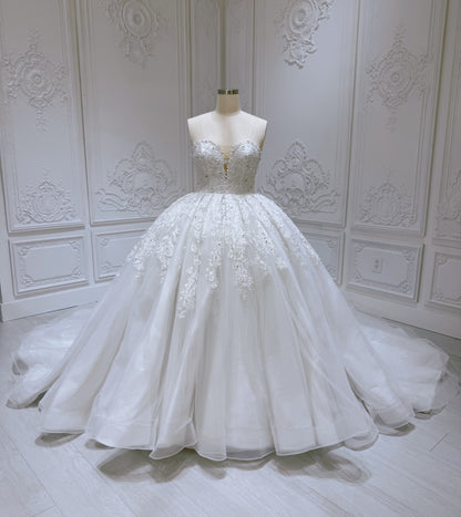 Stock Clearance! Bridal size 12! White floral lace embroidered high neck long sleeve princess ballgown royal wedding dress