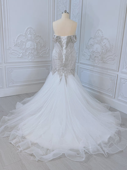 TBC-2IN1-003 Luxury crystal pearl beaded off the shoulder mermaid wedding dress with detachable ruffled skirt