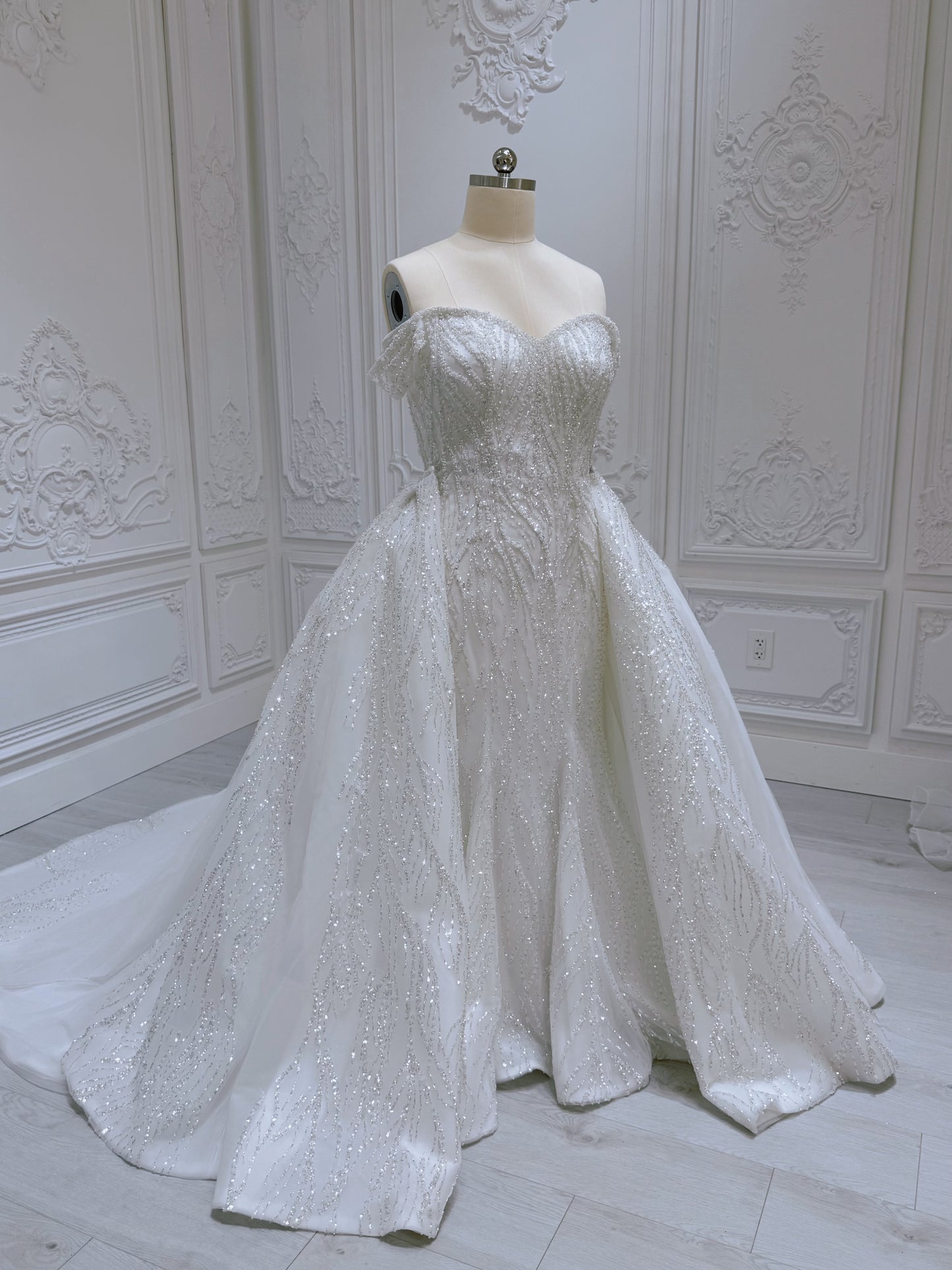 TBC-2IN1-006 Sale White beading lace off the shoulder 2 in 1 style mermaid with detachable skirt