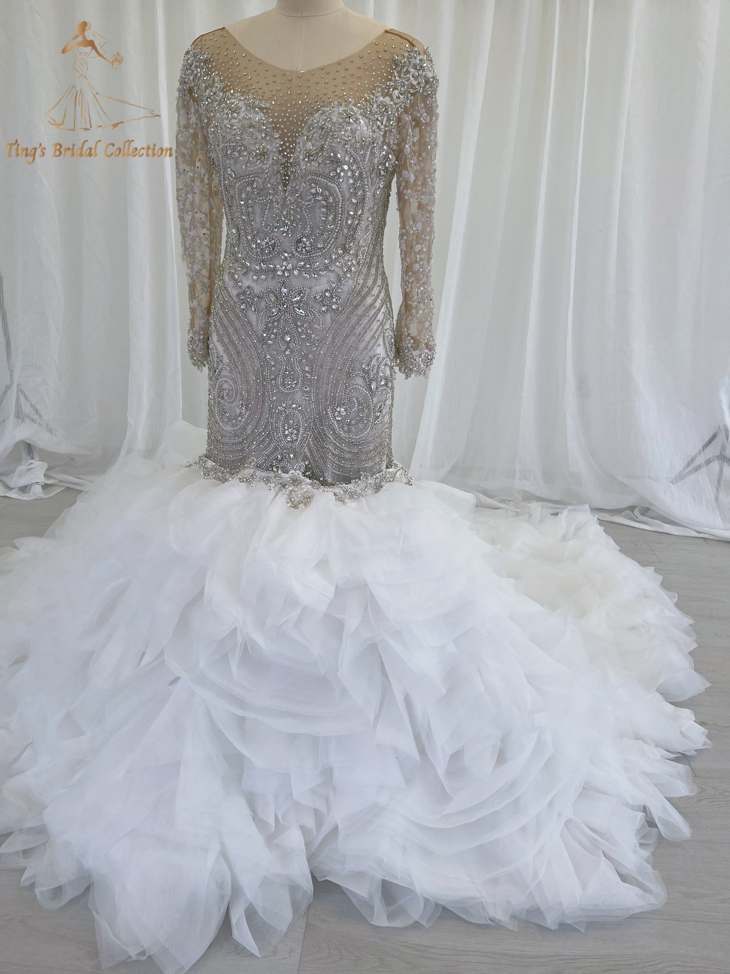 TBC-CM49 Custom-made fully crystal beaded long sleeve mermaid royal wedding dress with detachable ruffles skirt