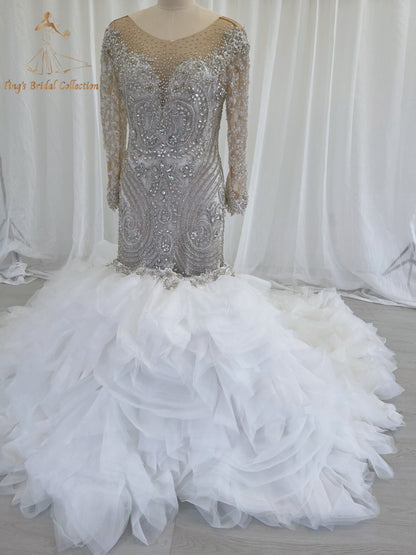 TBC-CM49 Custom-made fully crystal beaded long sleeve mermaid royal wedding dress with detachable ruffles skirt