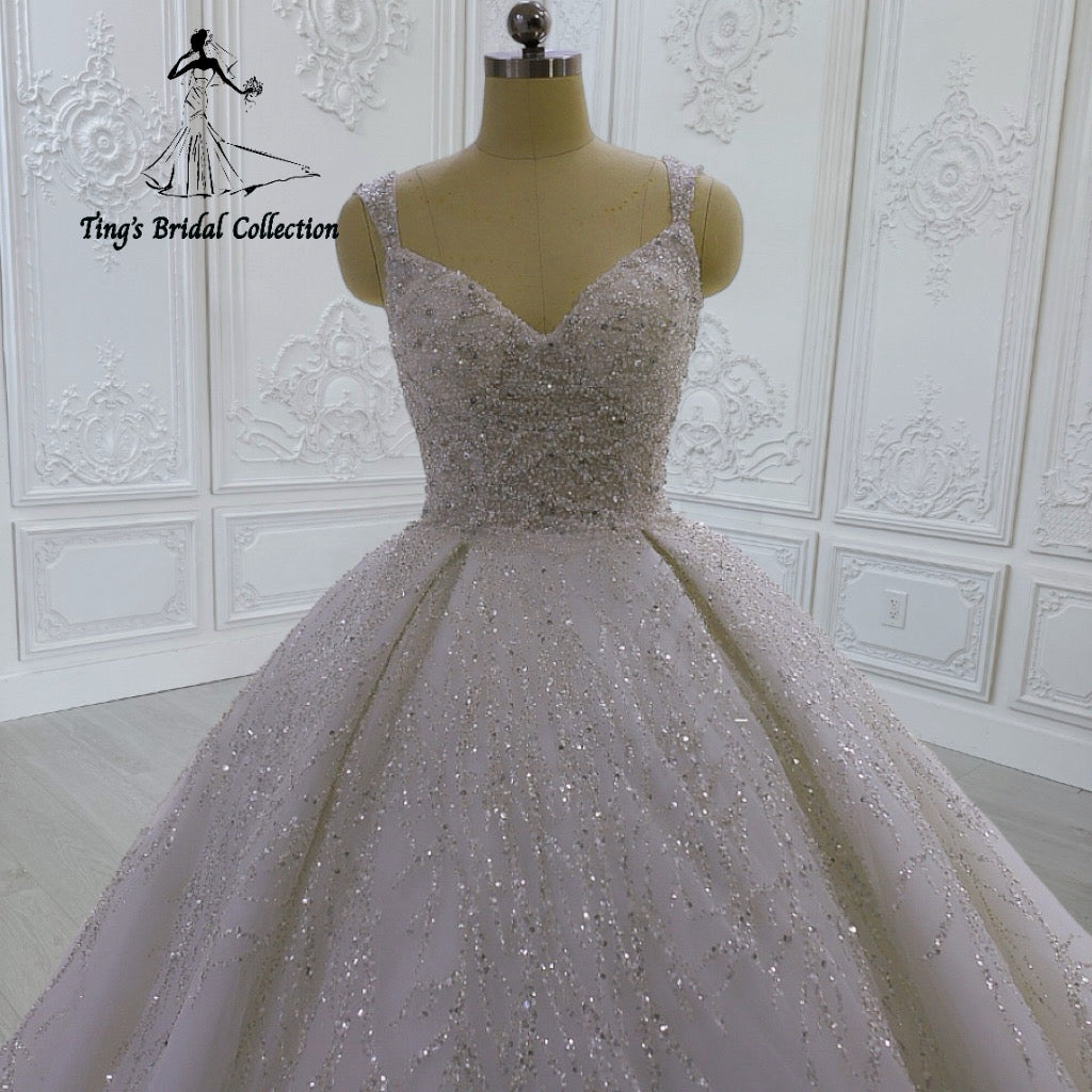 TBC-CM43 Custom-made beading lace embroidered strapped princess ballgown sparkling wedding dress