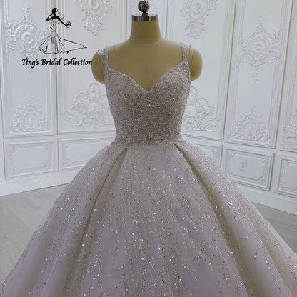 TBC-CM43 Custom-made beading lace embroidered strapped princess ballgown sparkling wedding dress