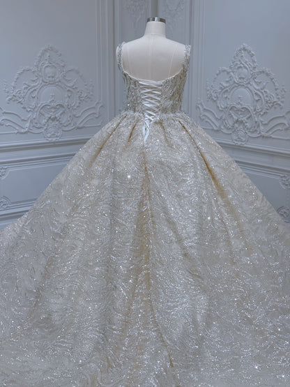 Stock Clearance! Bridal Size 10! Champagne color luxury beading square neck sparkling princess ballgown royal wedding dress