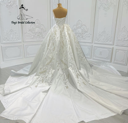 Custom-made white satin 3D beading lace embroidered strapless with straight neck 2 in 1 look trumpet wedding dress with detachable skirt - Ting's Bridal Collection