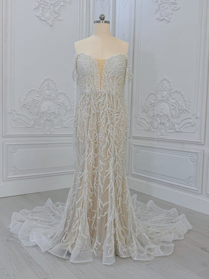 TBC-CM40 Custom-made pearl beading off the shoulder mermaid wedding dress