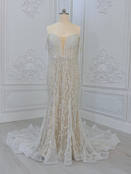 Custom-made pearl beading off the shoulder mermaid wedding dress