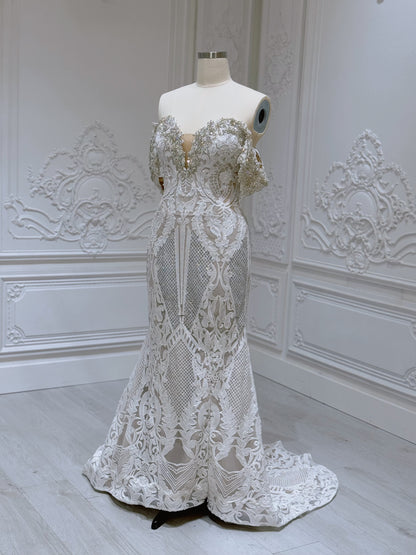 Stock Sale! Ivory crystal beaded fitting trumpet wedding dress with split