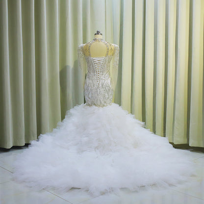 TBC-CM006  Luxury crystal beading long sleeve mermaid royal wedding dress with ruffles skirt - Ting's Bridal Collection