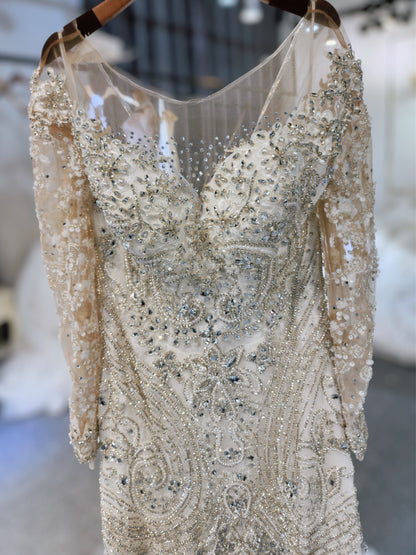 TBC-CM48 Custom-made luxury crystal beaded long sleeve mermaid wedding dress