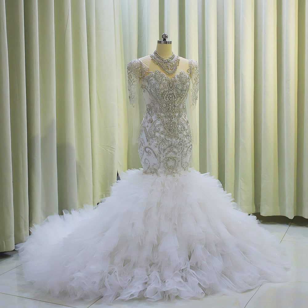 TBC-CM006  Luxury crystal beading long sleeve mermaid royal wedding dress with ruffles skirt - Ting's Bridal Collection