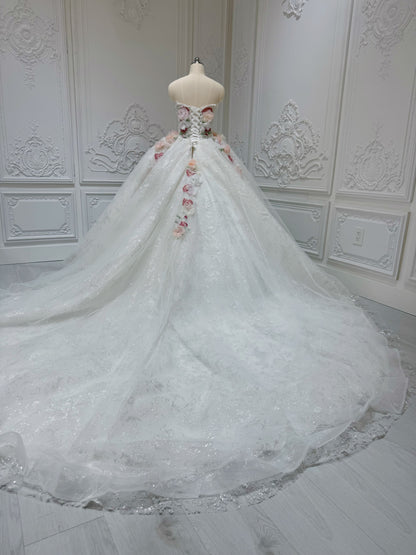 Stock clearance! Sparkling colorful 3D floral with lace embroidered strapless fairy ballgown wedding dress/Quinceanera dress/ Sweet 16 dress - Ting's Bridal Collection