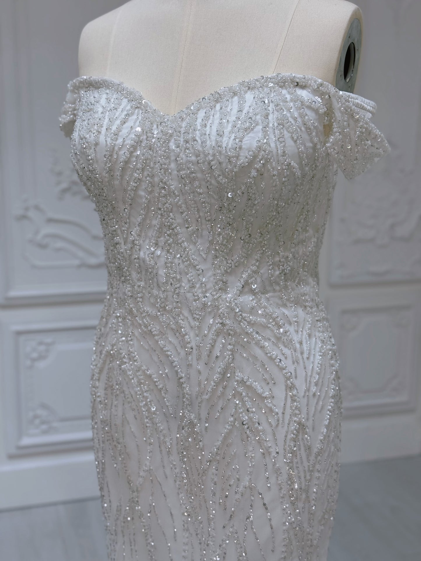 TBC-2IN1-006 Sale White beading lace off the shoulder 2 in 1 style mermaid with detachable skirt