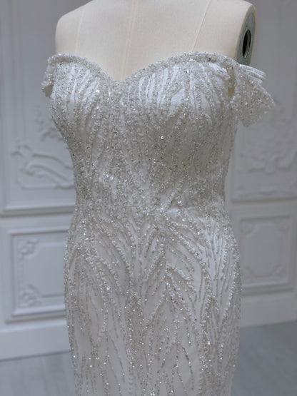 TBC-2IN1-006 Sale White beading lace off the shoulder 2 in 1 style mermaid with detachable skirt