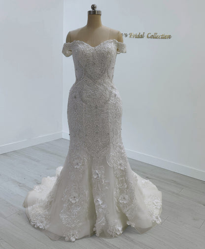 TBC-CM34 Made to order 3D floral with beading lace 2 in 1 style wedding dress with detachable full skirt