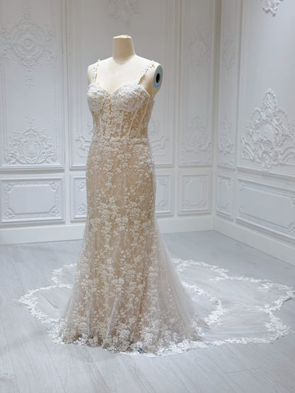 Custom-made ivory floral beading mermaid wedding dress with floral shaped train - Ting's Bridal Collection