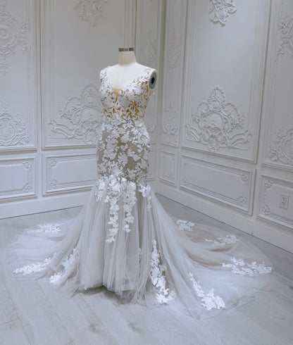 TBC-A017 Made to order lace mermaid champagne wedding dress