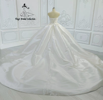 Custom-made strapless with V neck pleated white mikado satin 2 in 1 look split trumpet wedding dress with detachable skirt - Ting's Bridal Collection