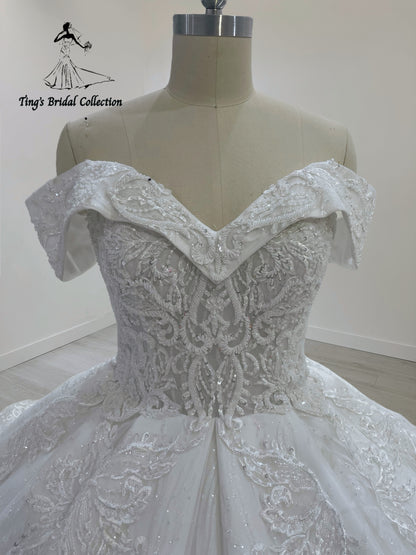 TBC-CM32 Custom-made 3D lace embroidered off the shoulder princess ballgown royal wedding dress
