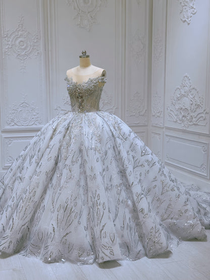 Stock Clearance! Bridal Size 10! Grey crystal beaded cap sleeve sparkling white&silver princess ballgown royal wedding dress