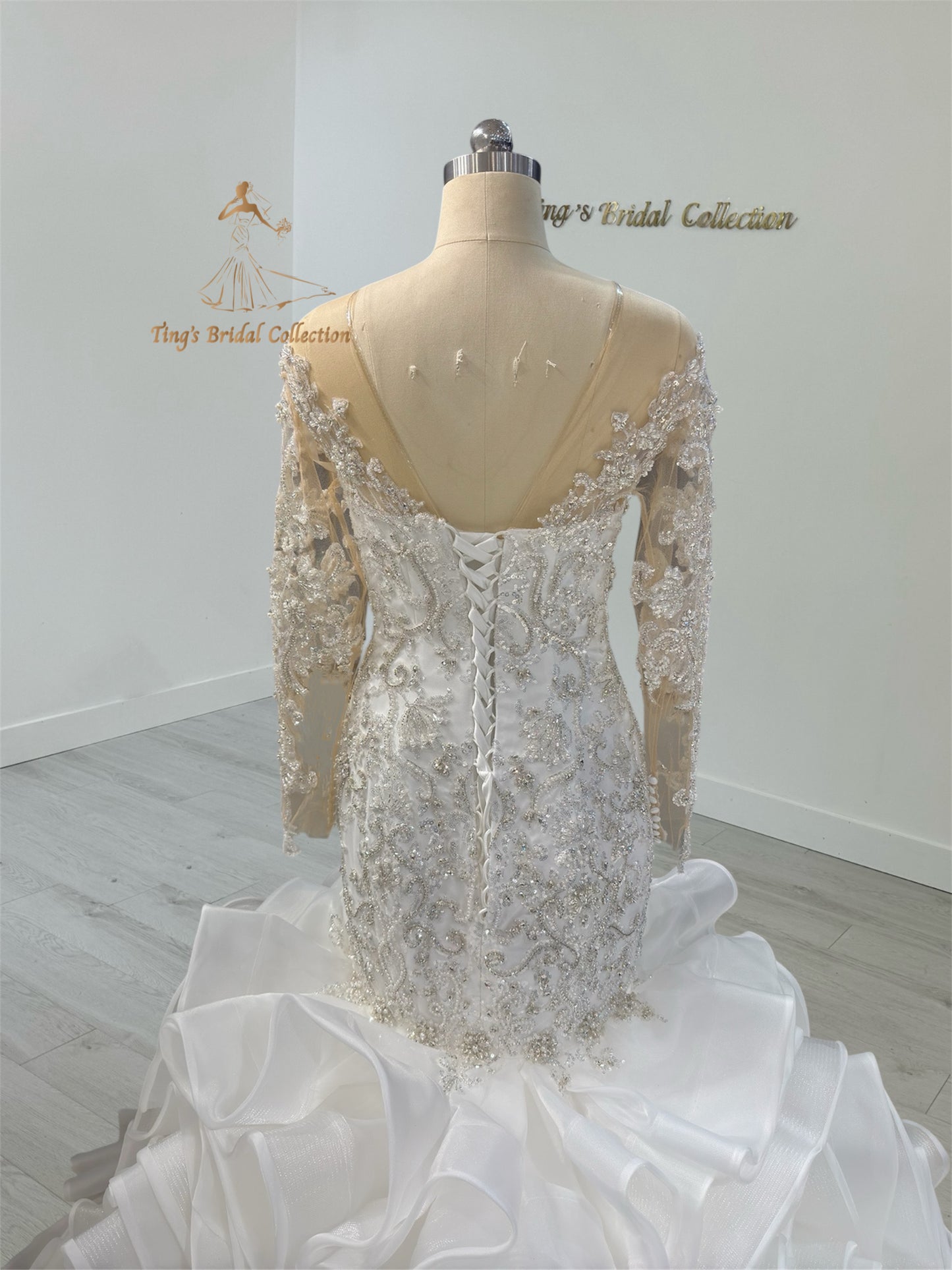 TBC-CM51 Custom-made luxury beading sparkling long sleeve mermaid royal wedding dress with ruffle skirt