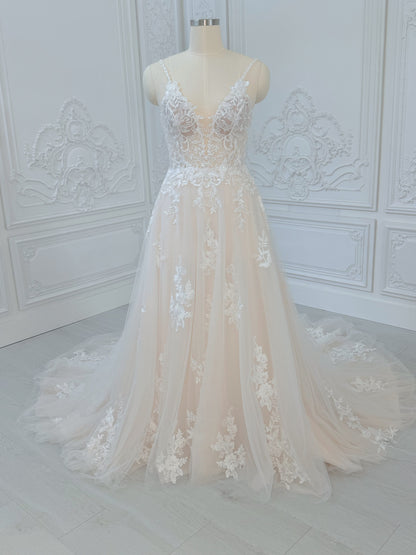 Stock Clearance! Blush color Spaghetti strap Deep V beach/outdoor wedding dress - Ting's Bridal Collection