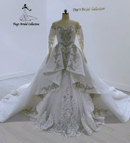 TBC-CM27 Custom-made Luxury crystal beaded off the shoulder 2 in 1 style mermaid wedding dress with detachable ruffled skirt