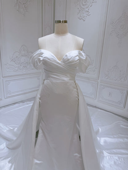 Stock Clearance! Bridal size 12! White satin off the shoulder pleated 2 in 1 style mermaid wedding dress with detachable skirt