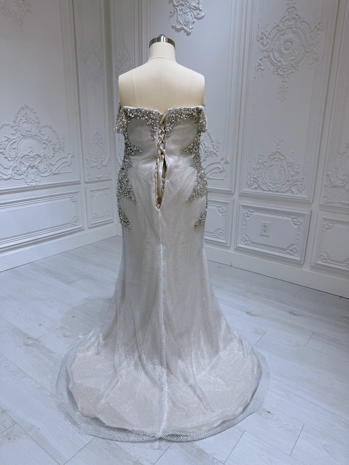 Stock Clearance! Plus size 22! Champagne color crystal beaded off the shoulder mermaid/trumpet wedding dress/formal event gown