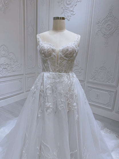 Stock Sale! Custom-made beading with 3D lace embroidered Aline wedding dress with split skirt - Ting's Bridal Collection