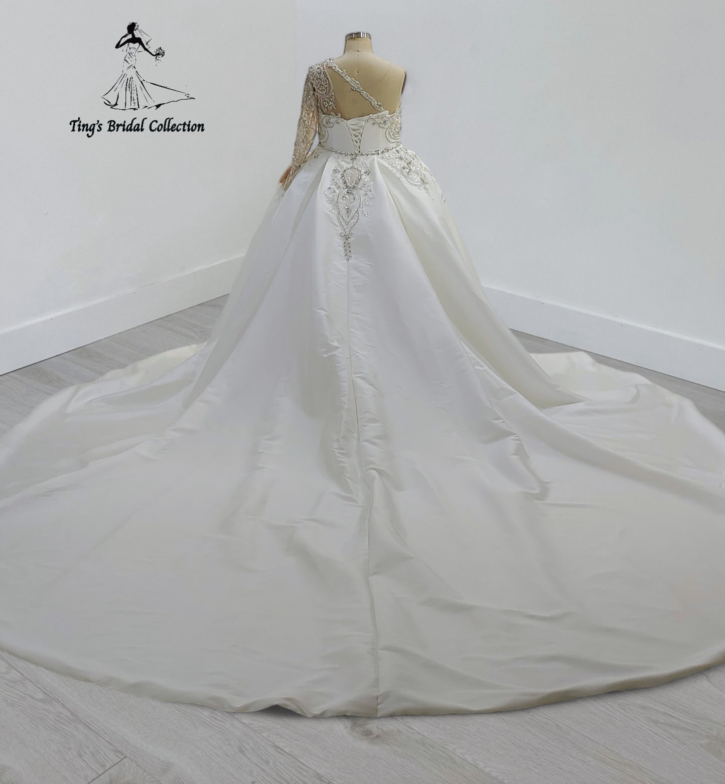 TBC-CM30 Custom-made luxury beading crossed one shoulder with long sleeve 2 in 1 style royal wedding dress with detachable skirt