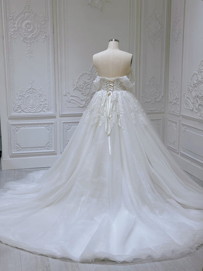 TBC-B002 Stock Clearance! White lace embroidered off the shoulder sparkling ballgown wedding dress
