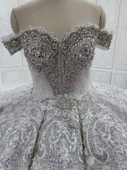 Custom-made luxury crystal beaded sparkling off the shoulder lace embroidered ballgown royal wedding dress - Ting's Bridal Collection