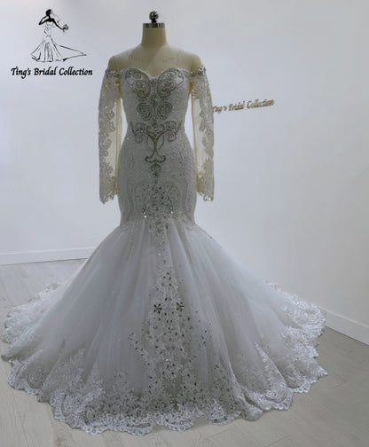 TBC-CM27 Custom-made Luxury crystal beaded off the shoulder 2 in 1 style mermaid wedding dress with detachable ruffled skirt