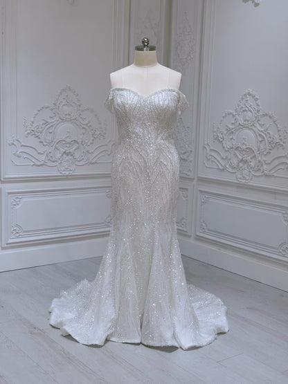 TBC-2IN1-006 Sale White beading lace off the shoulder 2 in 1 style mermaid with detachable skirt