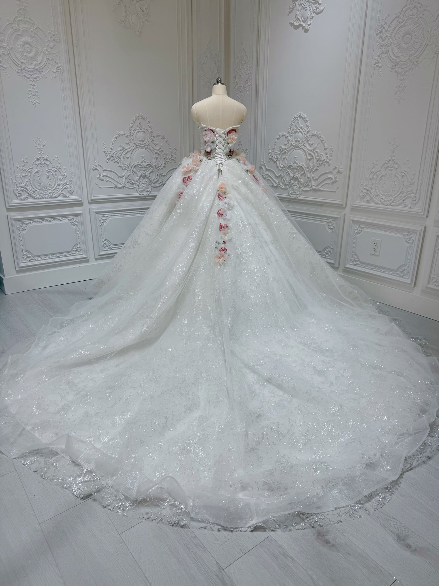 Stock clearance! Sparkling colorful 3D floral with lace embroidered strapless fairy ballgown wedding dress/Quinceanera dress/ Sweet 16 dress - Ting's Bridal Collection